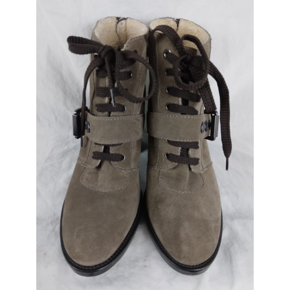 AQUATALIA Grayish Brown Leather Heeled Ankle Boot Lace Up Buckle Womens Size 8.5 - Picture 2 of 9